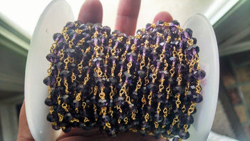 Gold Amethyst Rosary Chain, 6 mm Beaded Chains CH #307, Gold Wire Wrapped Rosary Chain, By The Foot